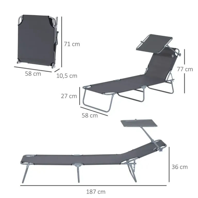 Solstol Grå Metall och Textil Hopfällbar Solsäng Solskydd