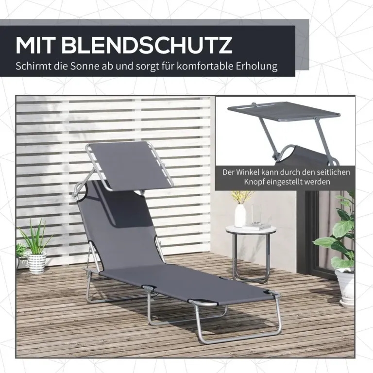 Solstol Grå Metall och Textil Hopfällbar Solsäng Solskydd