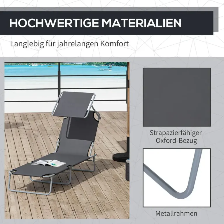 Solstol Grå Metall och Textil Hopfällbar Solsäng Solskydd