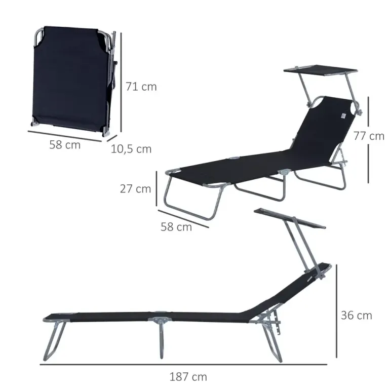 Solstol Svart Metall och Tyg 187 x 58 x 36 cm