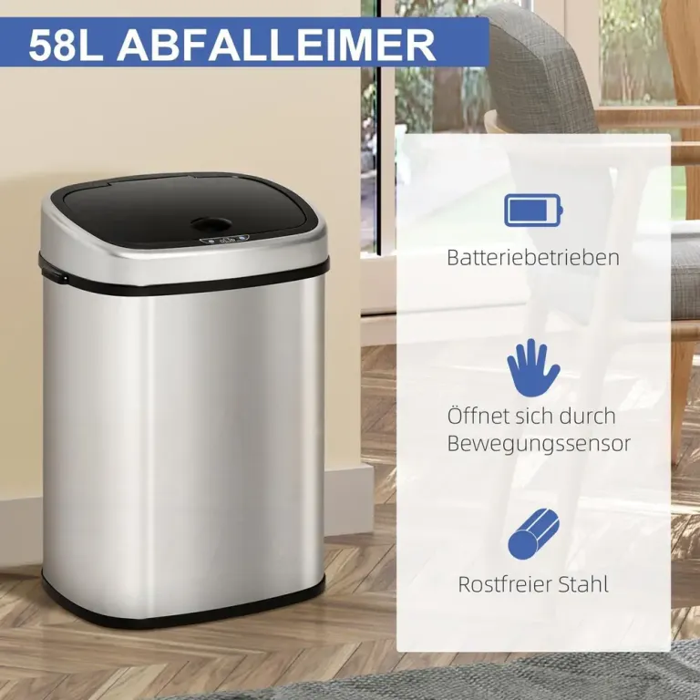 Automatisk Soptunna med Rörelsesensor 58 l, Rostfritt Stål