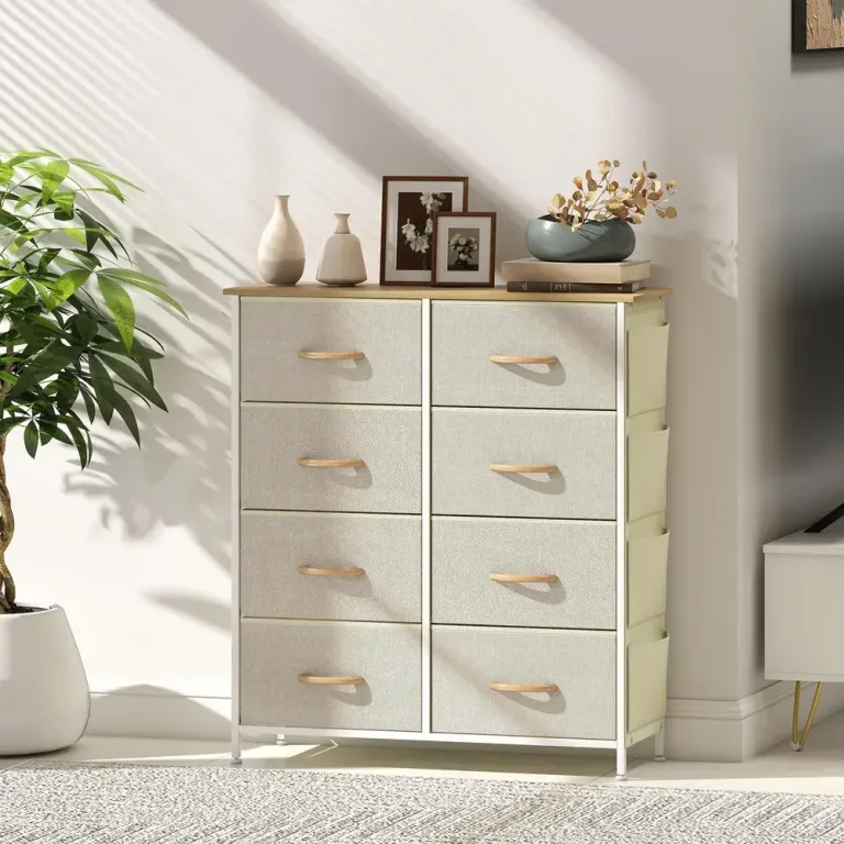 Byrå med 8 Tyglådor och Justerbara Fötter, Beige Förvaringsbyrå
