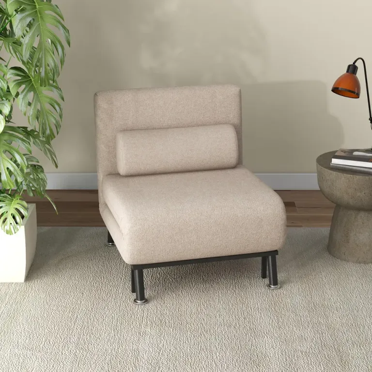 Sovstol Bäddfåtölj Beige av Linnelook och Metall Hopfällbar Ryggstöd