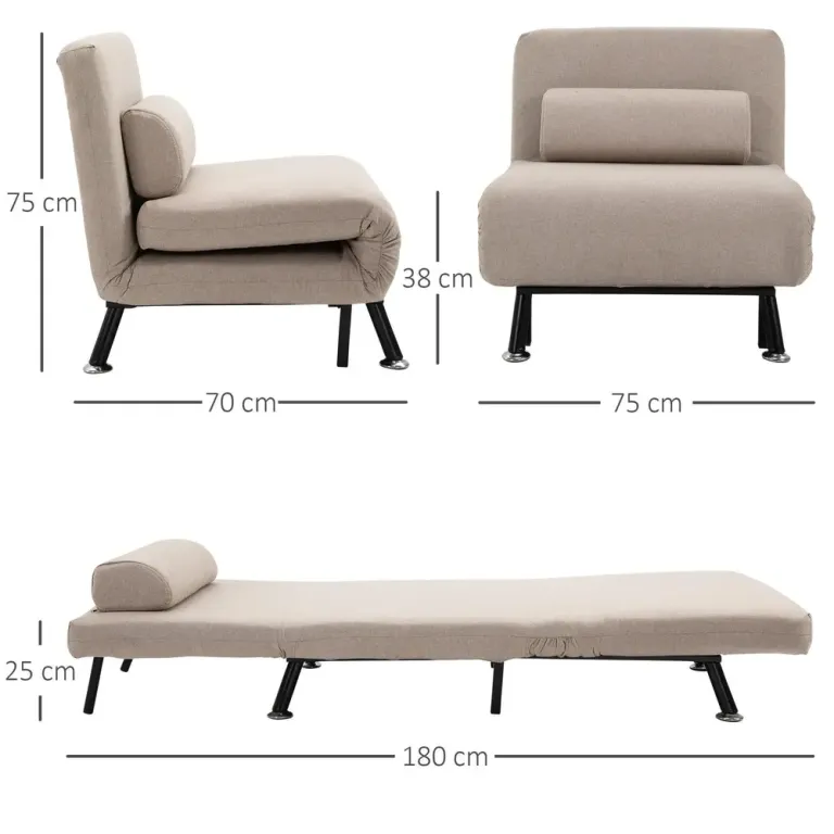 Sovstol Bäddfåtölj Beige av Linnelook och Metall Hopfällbar Ryggstöd