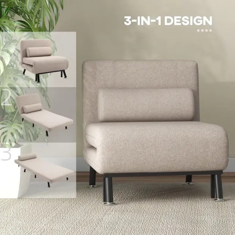 Sovstol Bäddfåtölj Beige av Linnelook och Metall Hopfällbar Ryggstöd