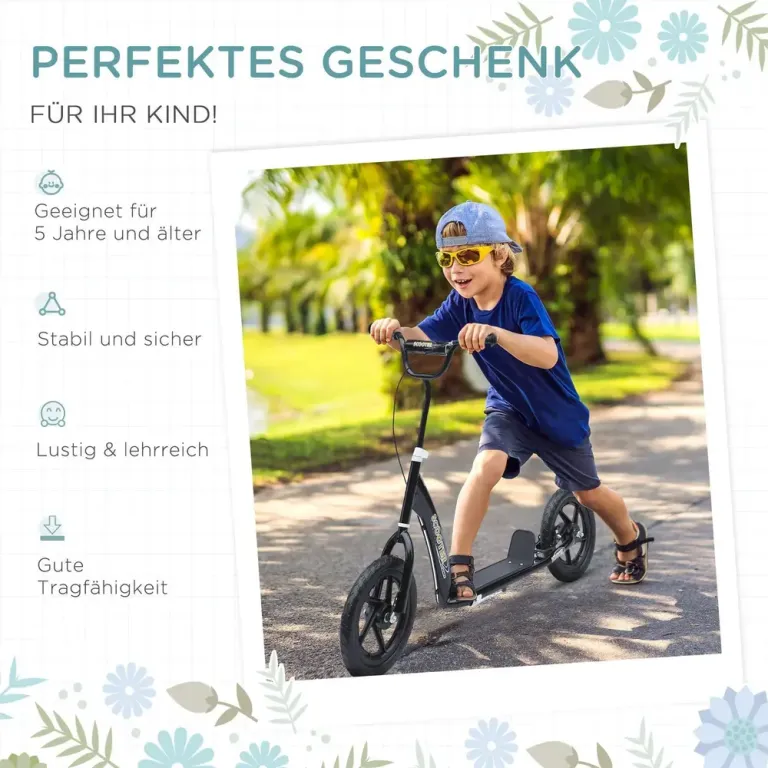 Sparkcykel 12 Tums Hjul Skoter med Handbroms och Stöd Bakbroms