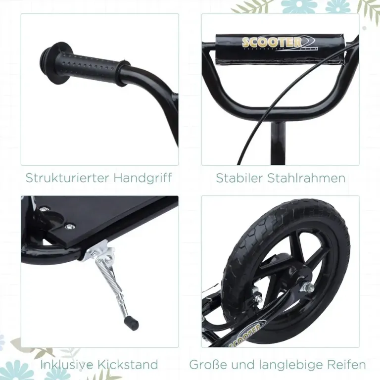 Sparkcykel 12 Tums Hjul Skoter med Handbroms och Stöd Bakbroms