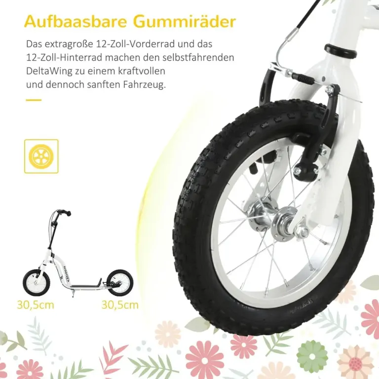 Sparkcykel för Barn med 12-Tums Lufthjul, Vit Skoter Luftgummi Däck
