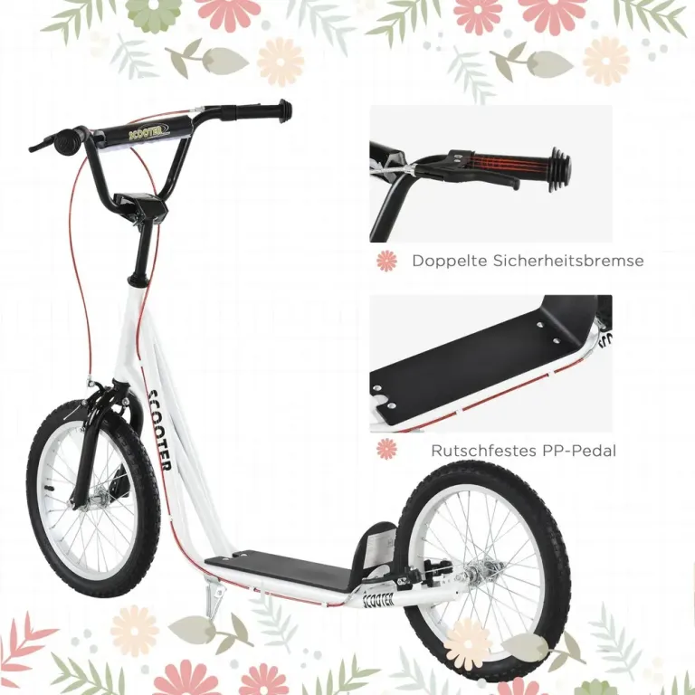Sparkcykel för Barn med Handbroms, Vit Skoter Luftgummi Däck