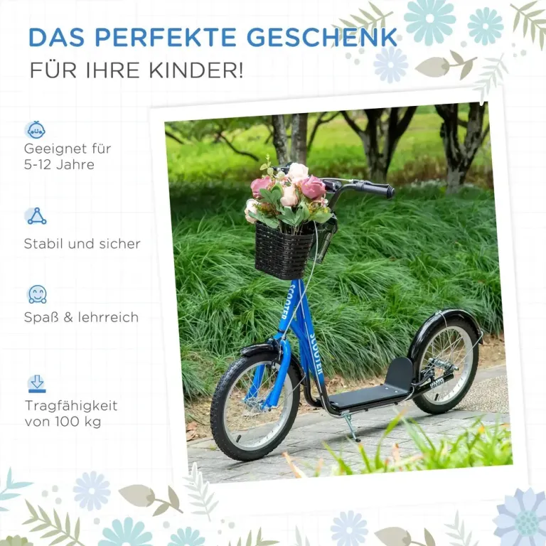 Sparkcykel för Barn med Korg och Broms Blå Skoter Luftgummi Däck