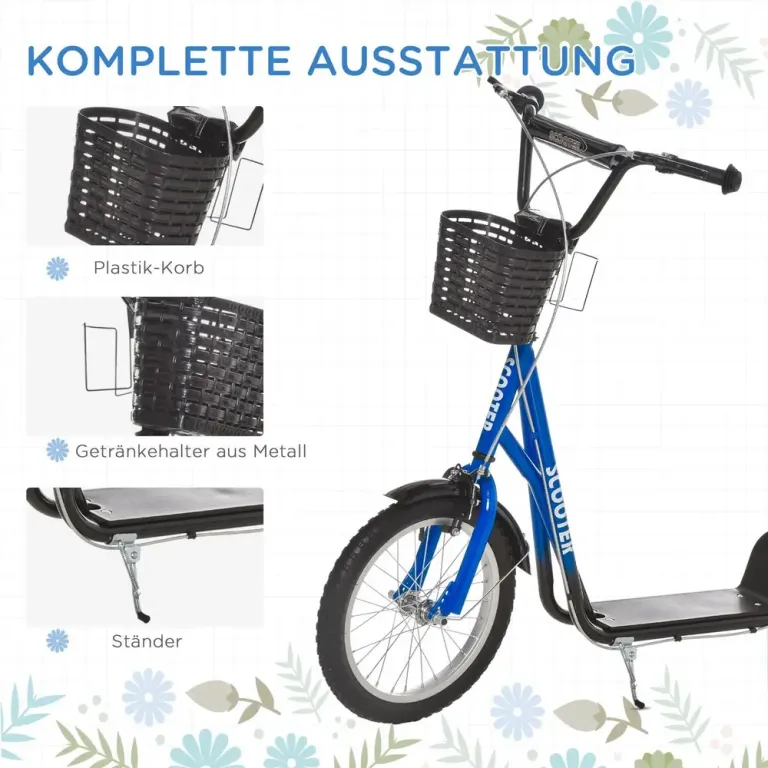 Sparkcykel för Barn med Korg och Broms Blå Skoter Luftgummi Däck