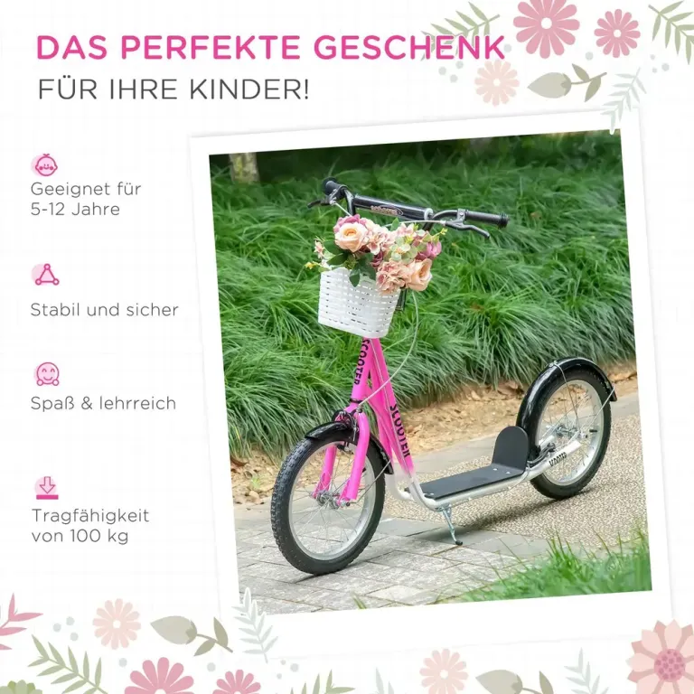 Sparkcykel för Barn med Korg och Broms Rosa Skoter Luftgummi Däck