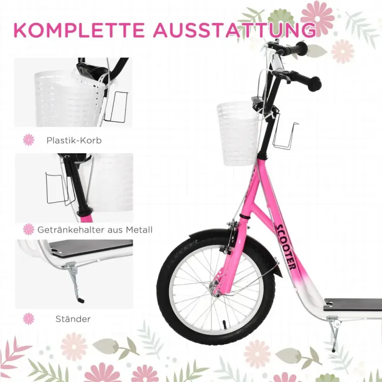 Sparkcykel för Barn med Korg och Broms Rosa Skoter Luftgummi Däck