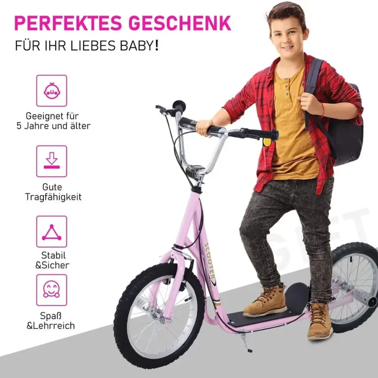 Sparkcykel med Luftdäck 16 Tum Skoter för Barn Luftgummi Rosa