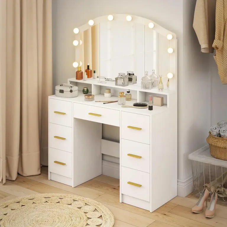 Hollywood Sminkbord med 10 LED-Lampor och 7 Lådor, Vit