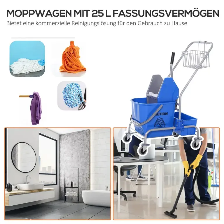 Städvagn Moppvagn med Vridare Blå av Plast för Hushåll Svabbvagn