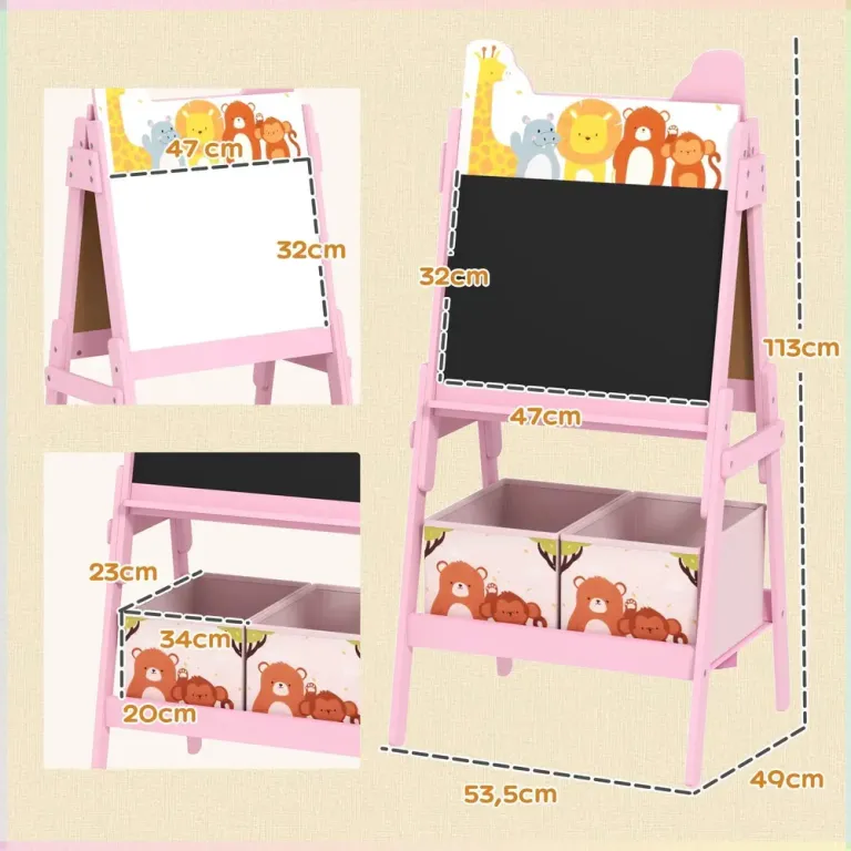 Målarstaffli 2-i-1 med Whiteboard och Tavla, Rosa Dubbelsidig Stativ