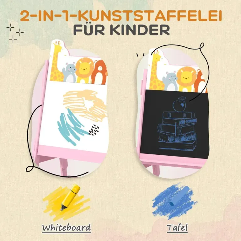Målarstaffli 2-i-1 med Whiteboard och Tavla, Rosa Dubbelsidig Stativ