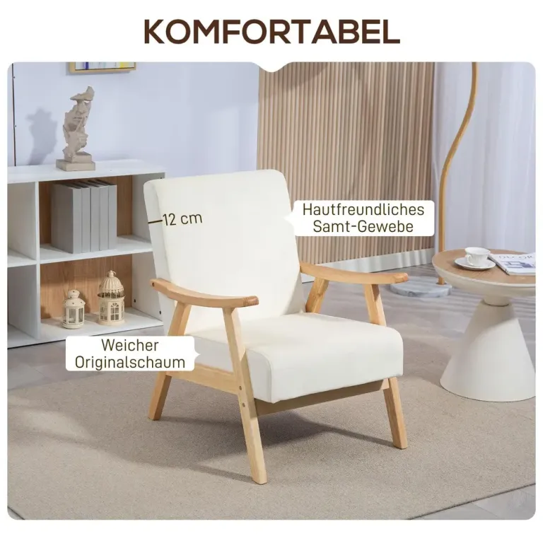 Stoppad Fåtölj med Skumfyllning och Ram av Gummiträ Nordisk Krämvit