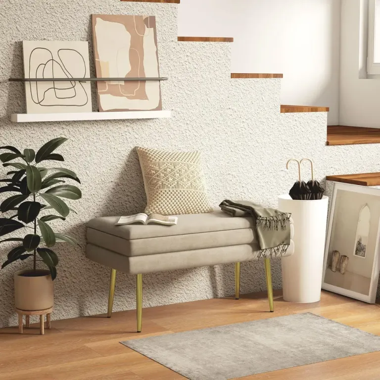 Stoppad Förvaringsbänk Stål Beige Sittbänk Sängbänk Guld