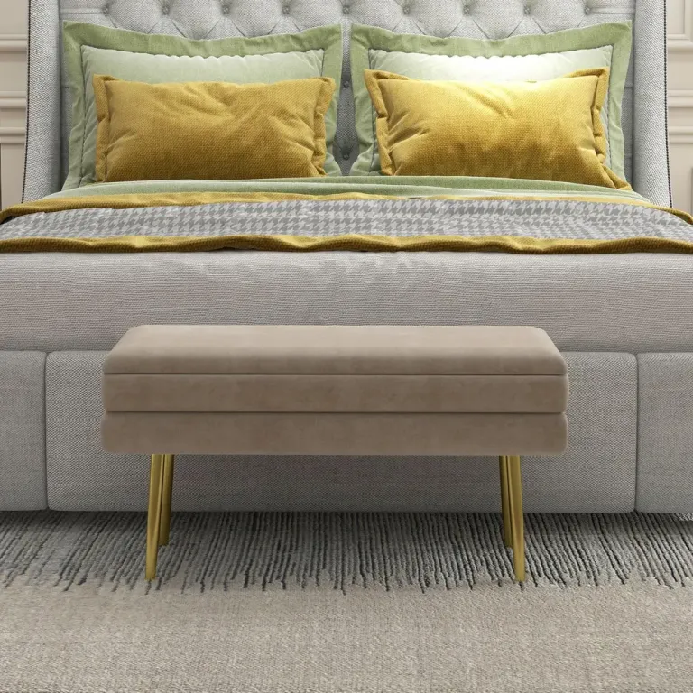 Stoppad Förvaringsbänk Stål Beige Sittbänk Sängbänk Guld