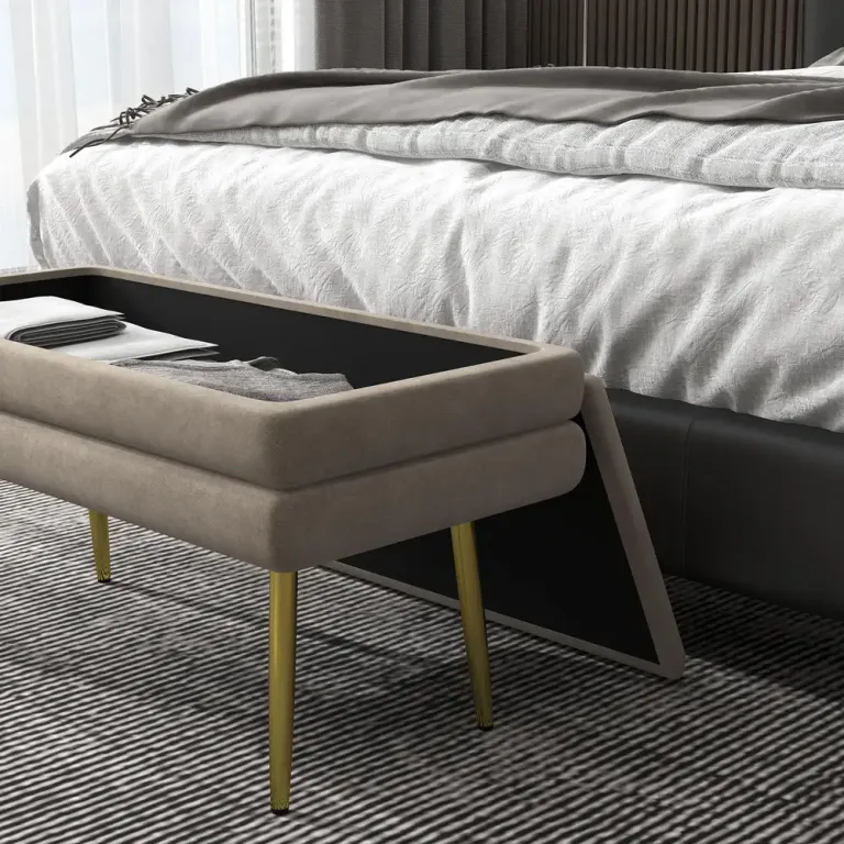 Stoppad Förvaringsbänk Stål Beige Sittbänk Sängbänk Guld