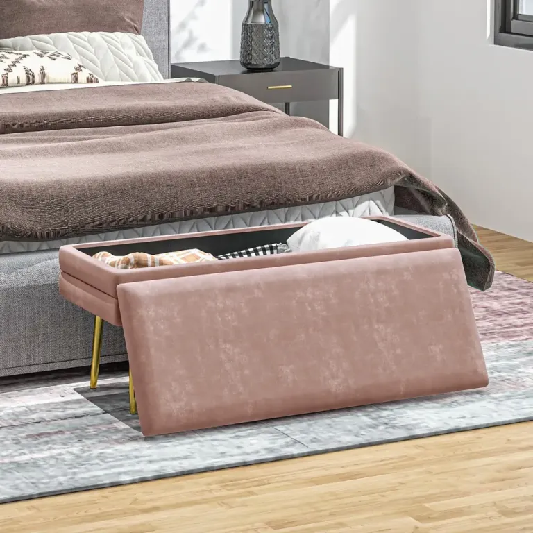 Stoppad Förvaringsbänk Stål Rosa Sittbänk Sängbänk Förvaringsutrymme