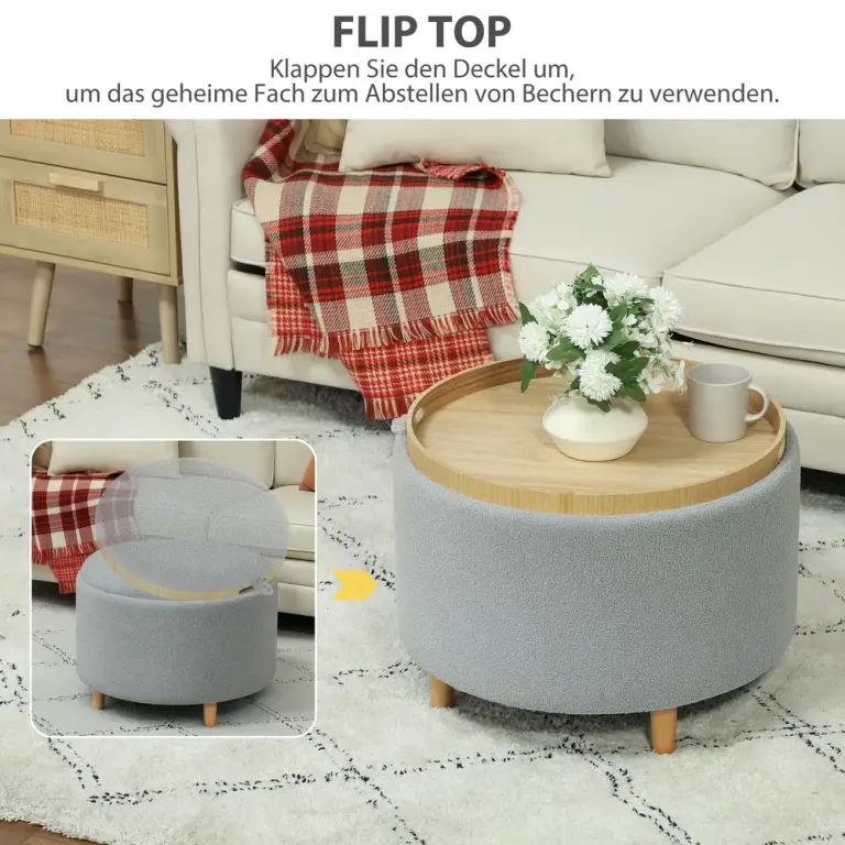 Stoppad Fotpall i Teddy Fleece med Dolt Sittpall Sidobord Vändbar