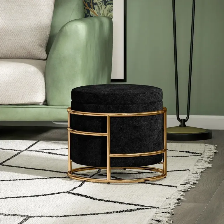 Stoppad Fotpall Storage Ottoman med Metallram Rund Sammet Förvaring