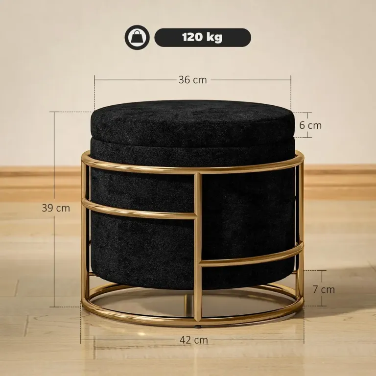 Stoppad Fotpall Storage Ottoman med Metallram Rund Sammet Förvaring