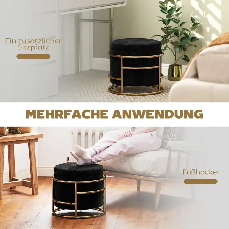 Stoppad Fotpall Storage Ottoman med Metallram Rund Sammet Förvaring