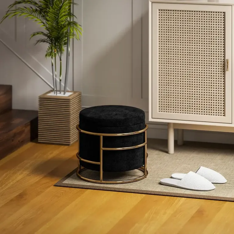 Stoppad Fotpall Storage Ottoman med Metallram Rund Sammet Förvaring