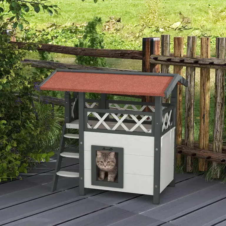 Katthus Kattvilla Vit av Massivt Trä Utomhus Nivåer Trappa Balkong