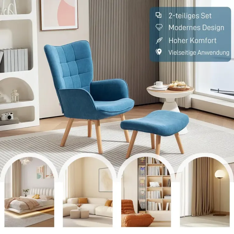 Fåtölj Öronlappsfåtölj med Pall Blå av Manchesterlook Ergonomisk