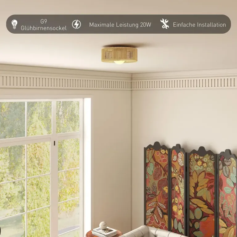 Taklampa Boho Beige Hamparep och Metall Rund Takarmatur Hamprep