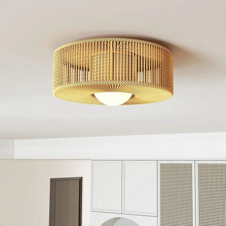 Taklampa Boho Beige Hamparep och Metall Rund Takarmatur Hamprep