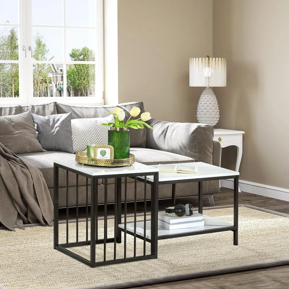 Soffbord Sidobord Marmorlook av Stål och MDF Set 2 Bord