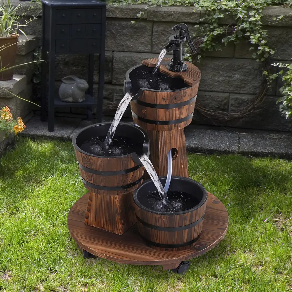 Cascade Fontän Träfat med Vattenpump 60 x 60 x 78 Cm