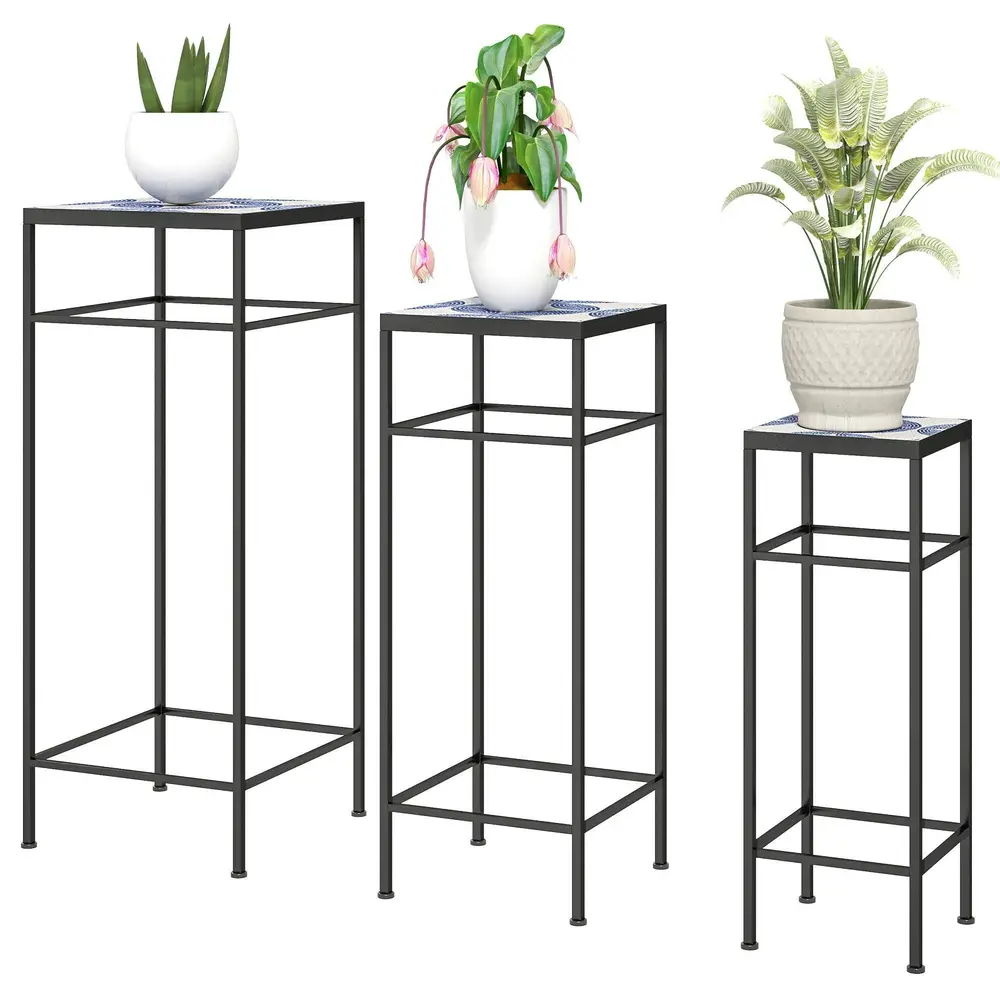 Växtställ Blomsterställ Set 3 Blå Vit av Metall 71 Cm