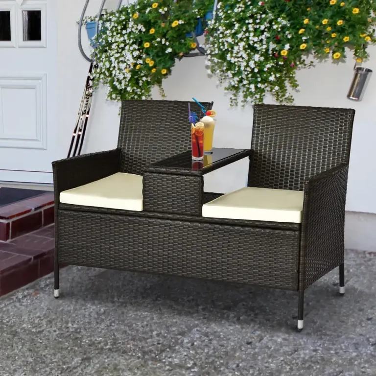 Trädgårdsbänk 2-Sits med Integrerat Bord, Brun