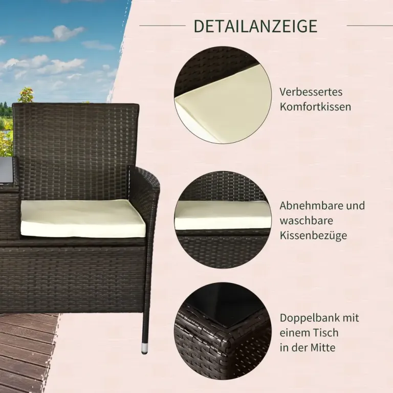 Trädgårdsbänk 2-Sits med Integrerat Bord, Brun