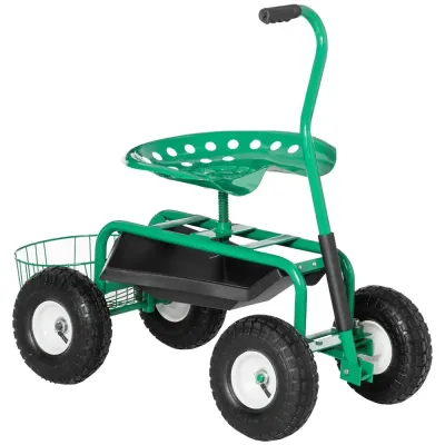 Trädgårdsvagn med Sits och Förvaring -59 cm Rullsits Arbetsstol Grön