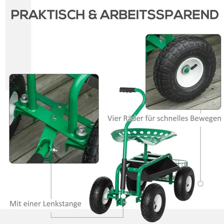 Trädgårdsvagn med Sits och Förvaring -59 cm Rullsits Arbetsstol Grön