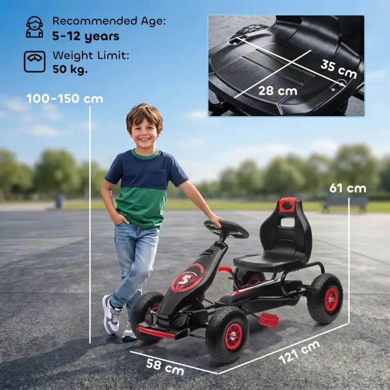 Trampbil Gokart Röd Svart av Metall och Plast för Barn 5-12 Däck
