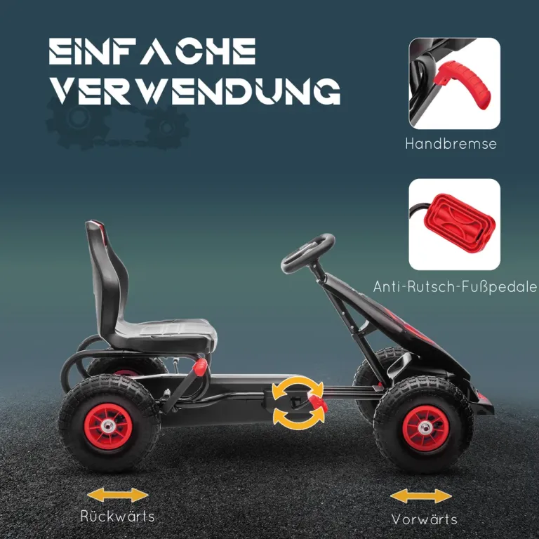 Trampbil Gokart Röd Svart av Metall och Plast för Barn 5-12 Däck