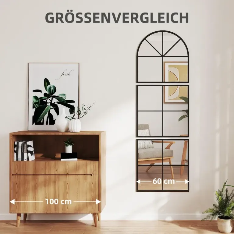 Tredelad Välvd Väggspegel med Metallram, Svart Golvfönsterdesign