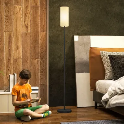 Golvlampa med Linneskärm Metallstång och Fotkontakt Vit