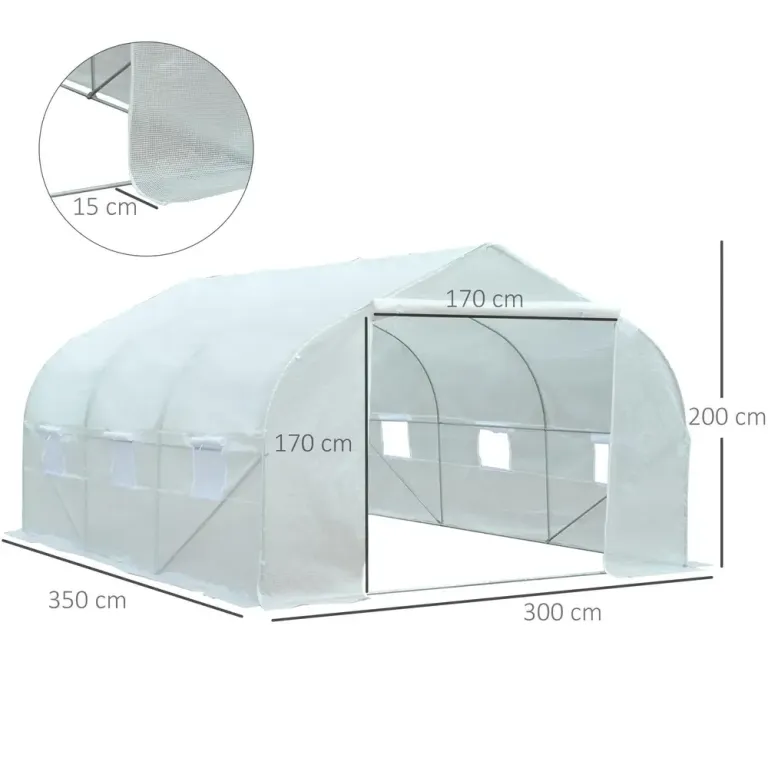 Tunnelväxthus Vit Metall för Odling i 3,5 x 3 x 2 m