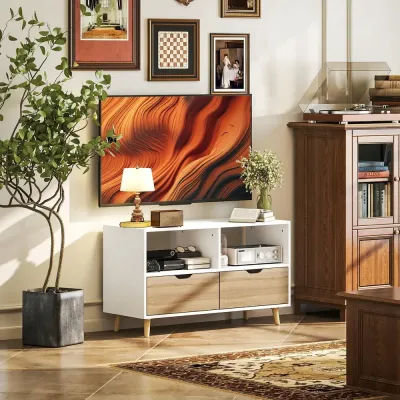 TV-Bänk TV-Skåp Lowboard med Låda Vit av Trä TV-Bord 99 cm