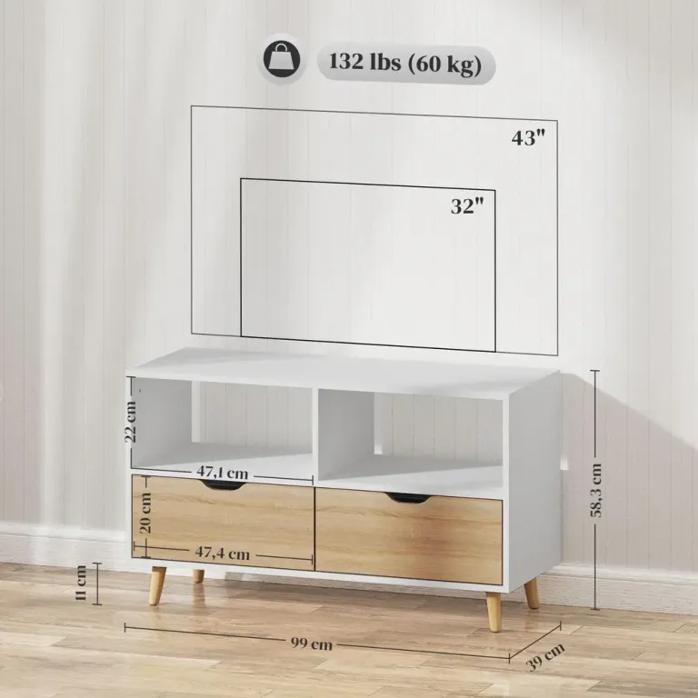 TV-Bänk TV-Skåp Lowboard med Låda Vit av Trä TV-Bord 99 cm Öppna